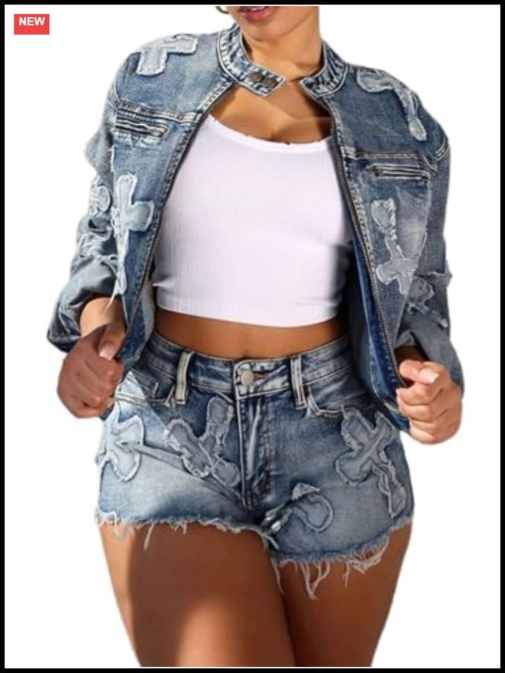 2 Piece Denim Outfits Zipper Cropped Jacket Skinny Jean Shorts Set